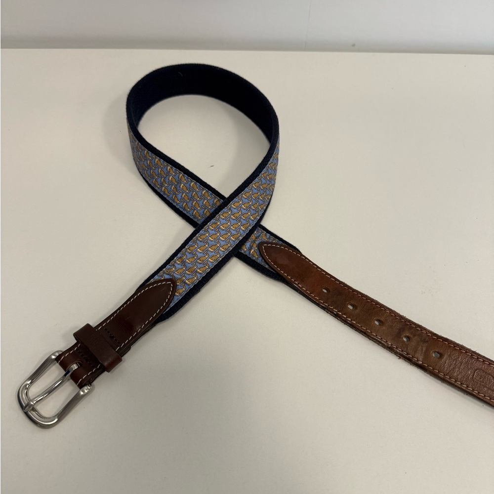 Vineyard Vines Blue Football Whale Leather Belt with Silver Buckle - Size 28